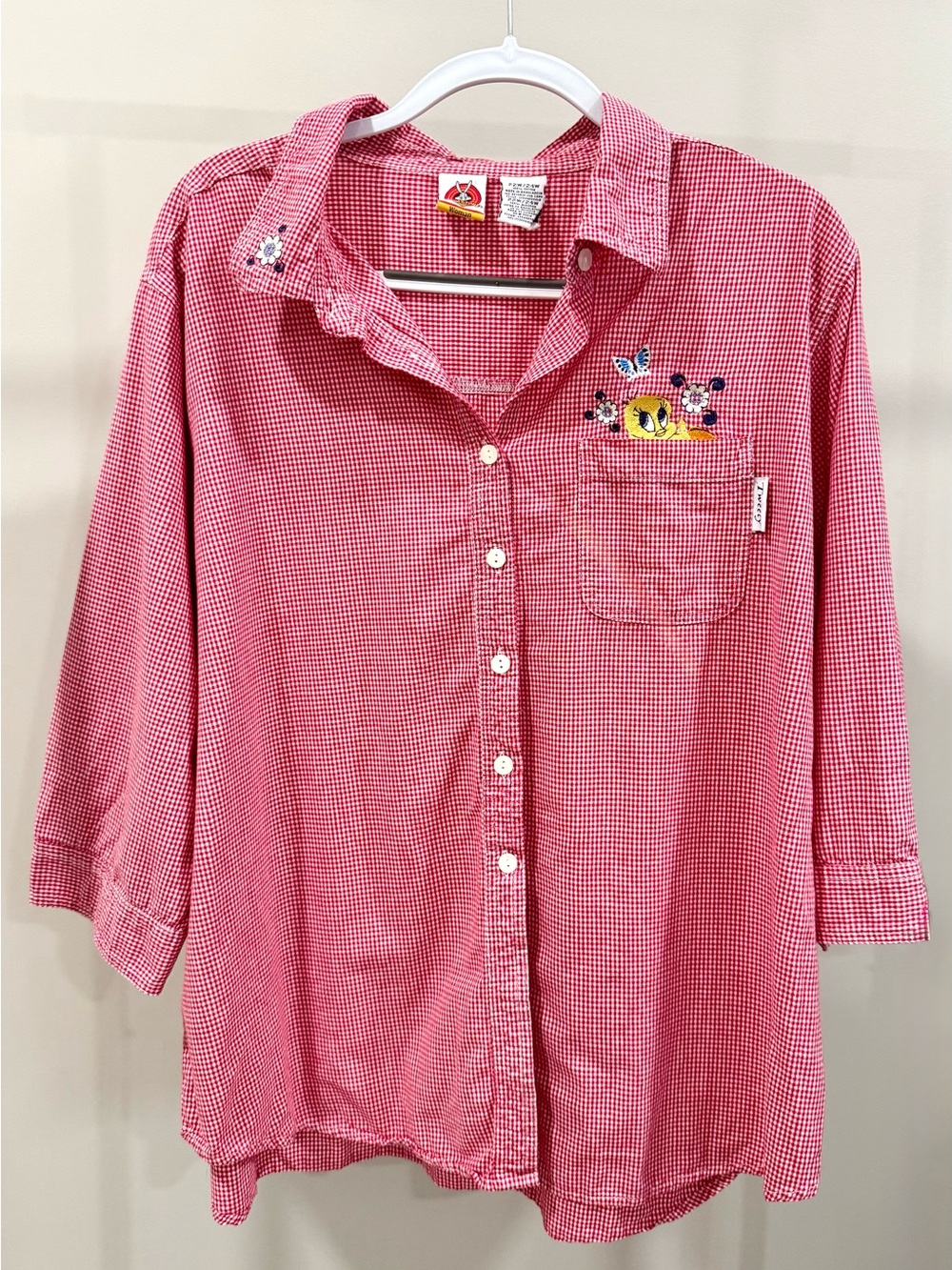 Women's Pink Button-Down Shirt with Pocket Embroidery